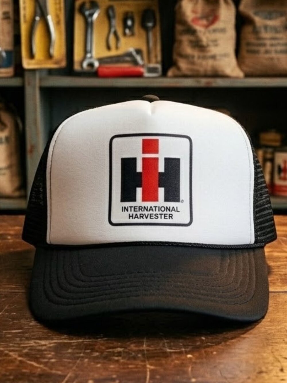 Retro International Harvester Trucker Hat IH Logo Black White Foam Cap 80s